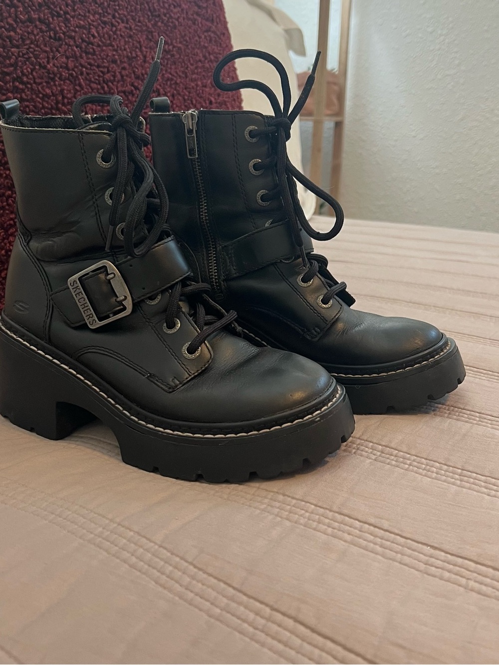 Skechers Women's Black Chunky Lace-Up Buckle Combat Boots
